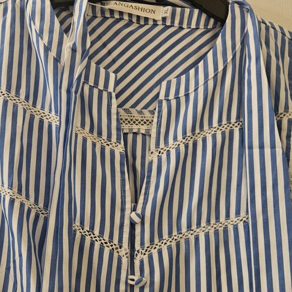 Boho Cottagecore NWT blue stripe midi Peasant Coastal dress embroider pocket XL - Picture 3 of 13